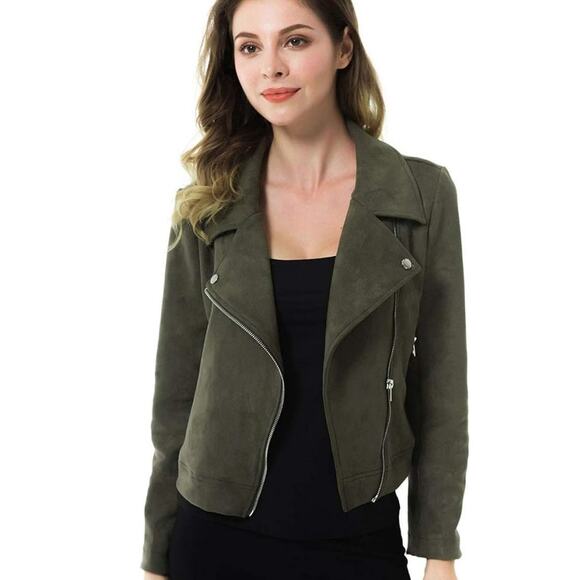 Apperloth A Faux Leather Moto Jacket, Size Small Green Cropped - Picture 1 of 9